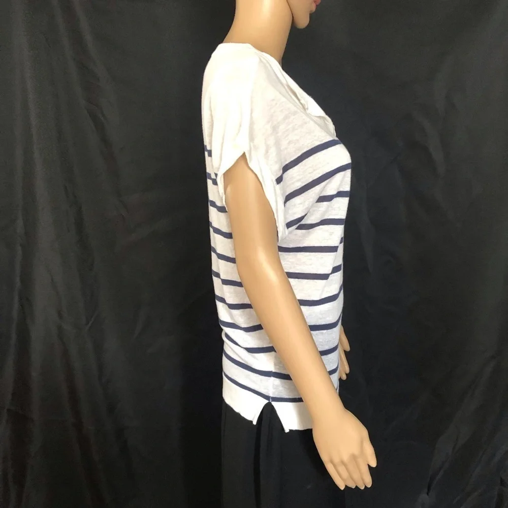 New ANN TAYLOR Striped Linen-Blend Top White Blue